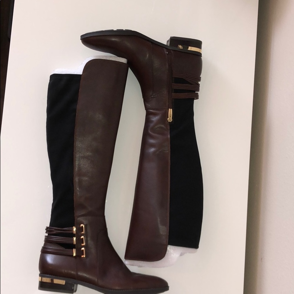 Brunette/Black Tall Leather Block Heel Boots